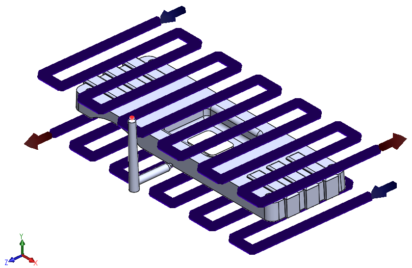 Rozważany komponent wraz z wizualizacją kanałów chłodzących (SW Plastics)