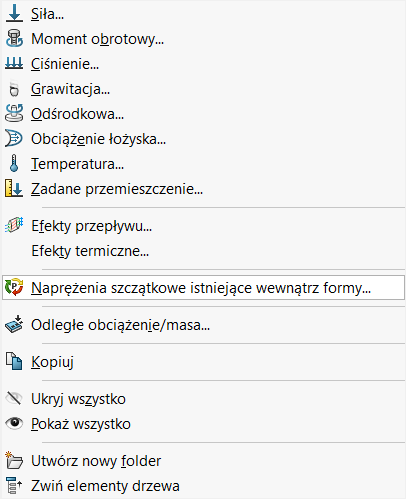 Rozwinięty pasek obciążeń zewnętrznych w dodatku SOLIDWORKS Simulation