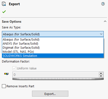SOLIDWORKS Plastics - wybór rozszerzenia eksportowanego pliku