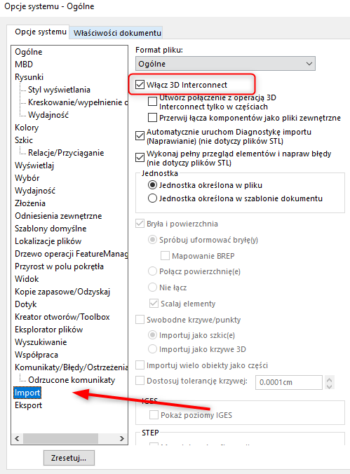 Opcja 'Włącz 3D Interconnect' 
