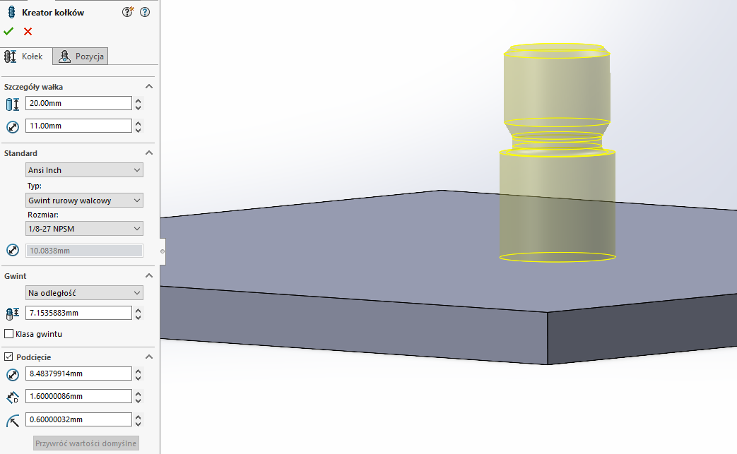 SOLIDWORKS - kołek i pozycja
