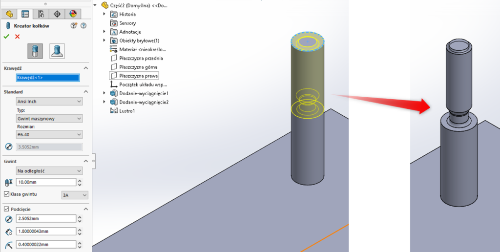 SOLIDWORKS - kreator kołków operacja cylindryczna