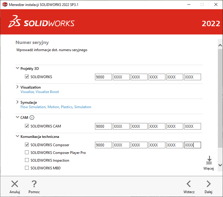 SOLIDWORKS numery licencji na produkty