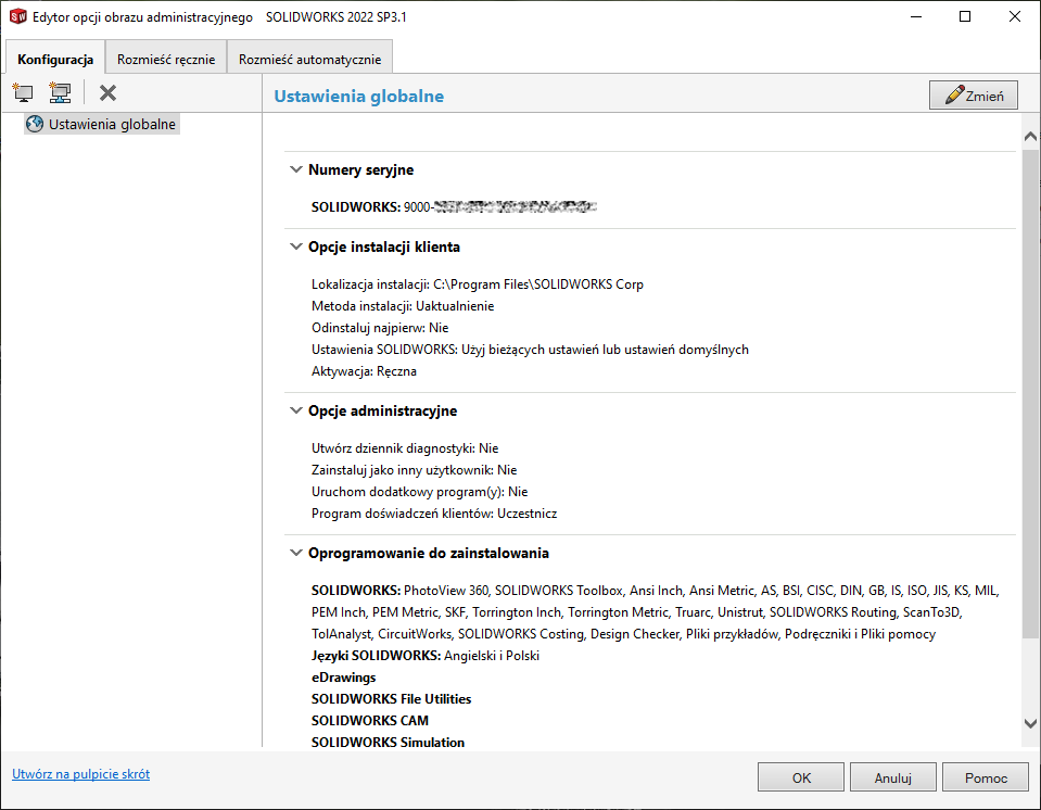 SOLIDWORKS obraz administracyjny - konfiguracja