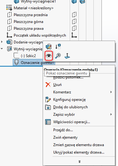SOLIDWORKS - oznaczenie gwintu w drzewie elementów