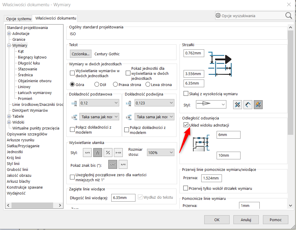 SOLIDWORKS - właściwości dokumentu - wymiary