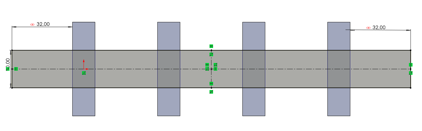 Szkic na płaszczyźnie przedniej, wystający po obu stronach na 32mm