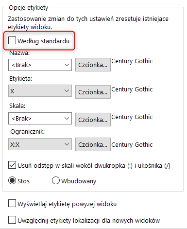 Odznaczenie opcji Według standardu