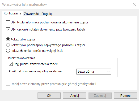 Lista materiałowa na rysunek