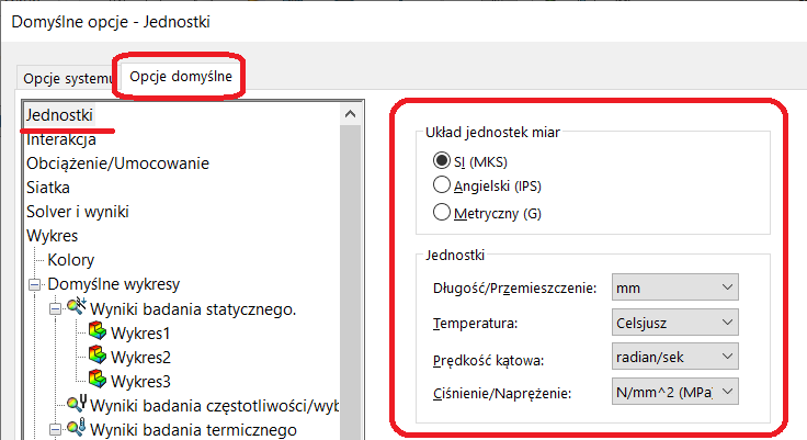 Opcje domyślne - jednostki