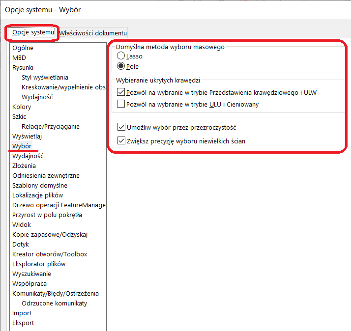 Opcje systemu - wybór