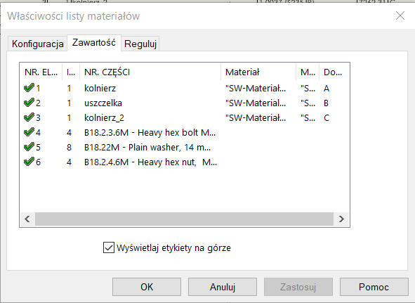 Lista materiałowa na rysunek