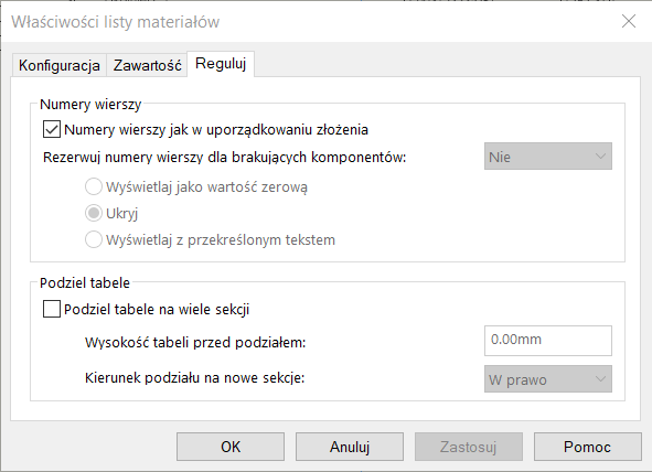 Lista materiałowa na rysunek