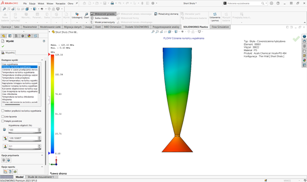 Ciśnienie na końcu wypełniania dla ciśnienia=150 MPa