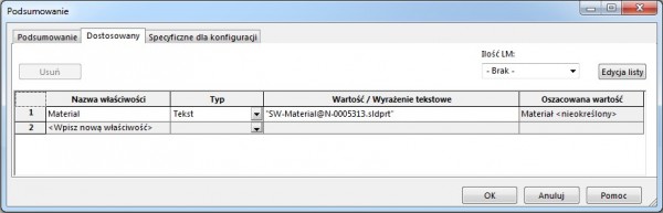właściwoci dostosowane solidworks
