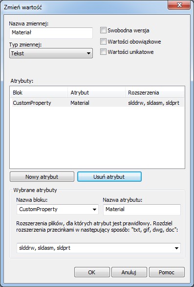 zmień wartość material pdm