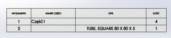 BOM lista materiałów LM solidworks tabela