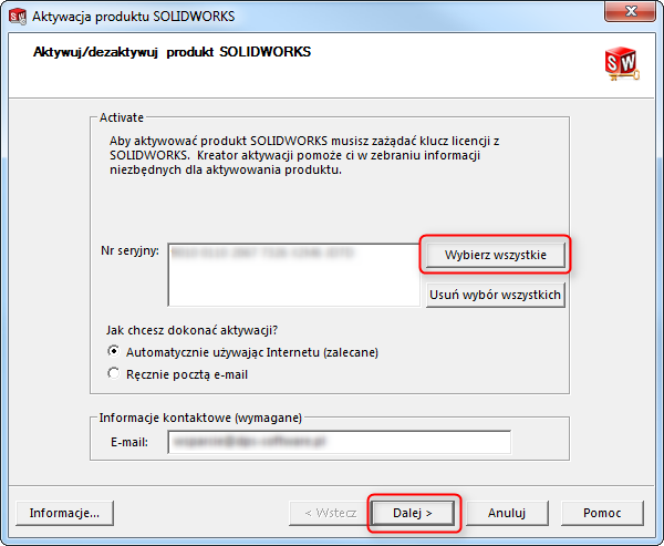 aktywacja serwera solidworks
