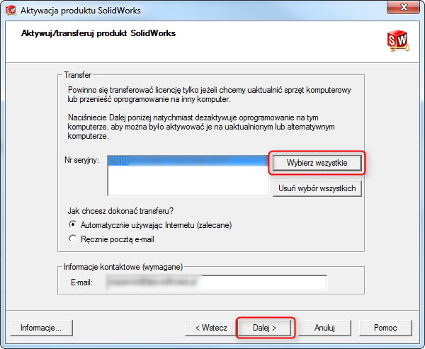 aktywowanie produktów z listy solidworks