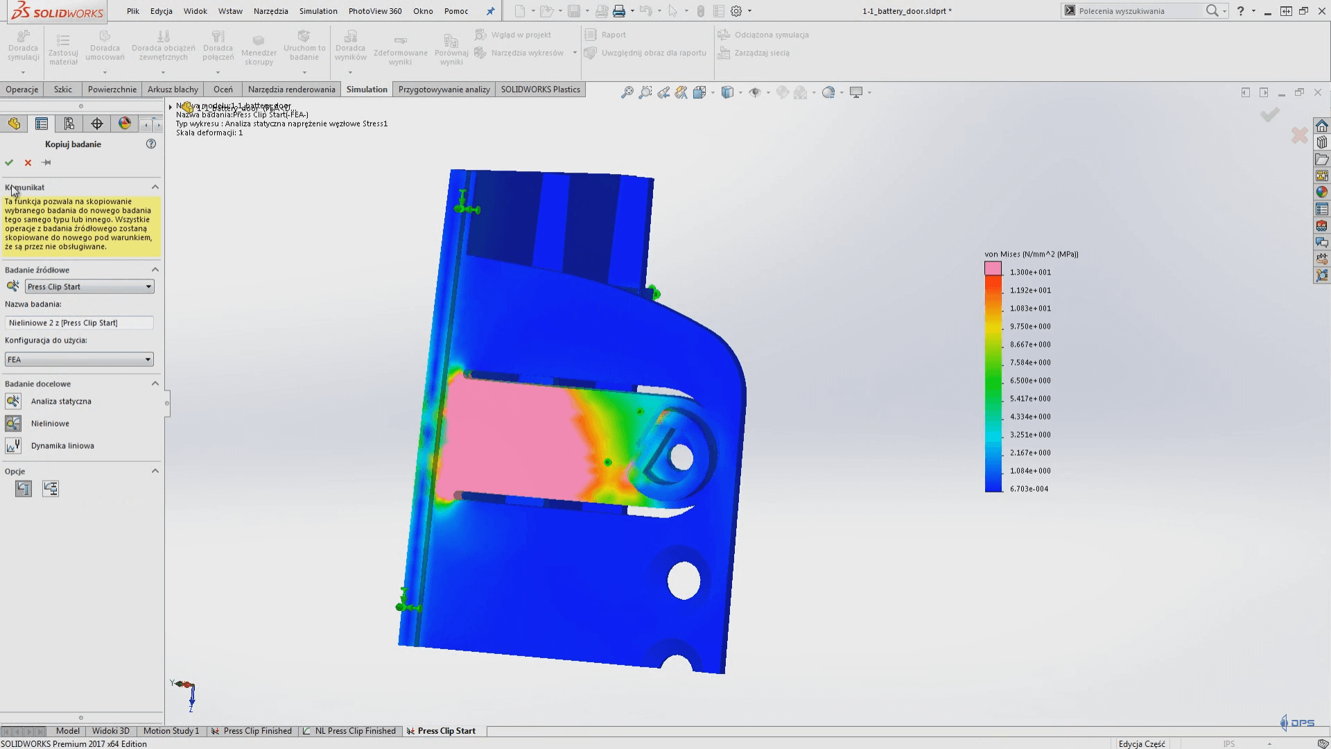 solidworks simulation kopiowanie badania