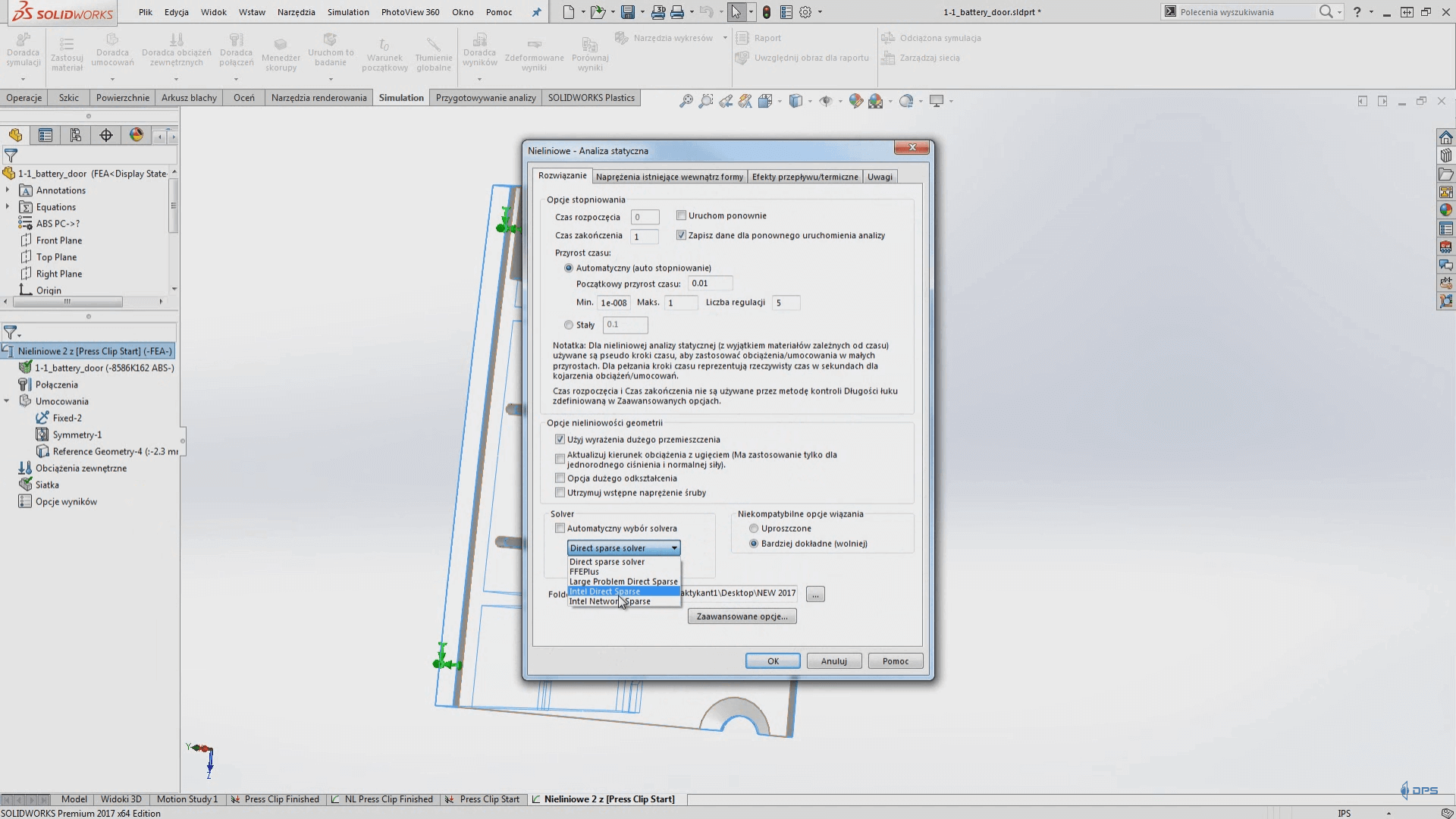 solidworks simualtion solver badania nieliniowego