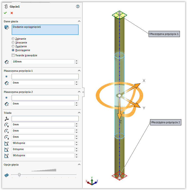 gięcie rozciągnięcie solidworks