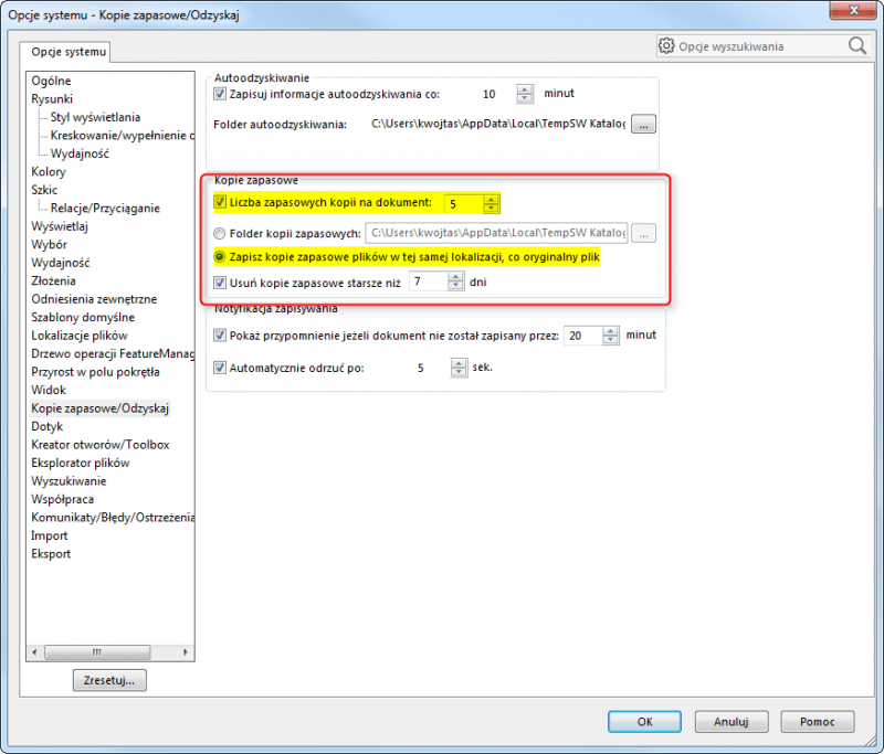 liczba kopii zapasowych solidworks