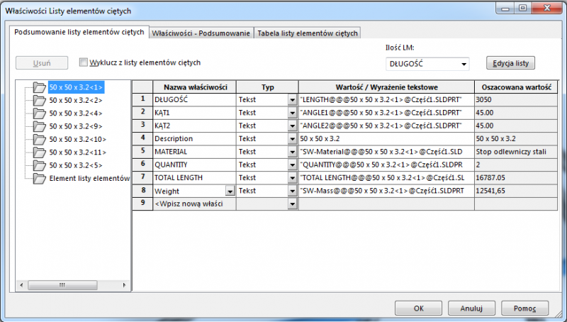 lista elementów ciętych weight
