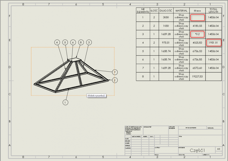 tabela listy elementów konstrukcji-spawanej solidworks błędy