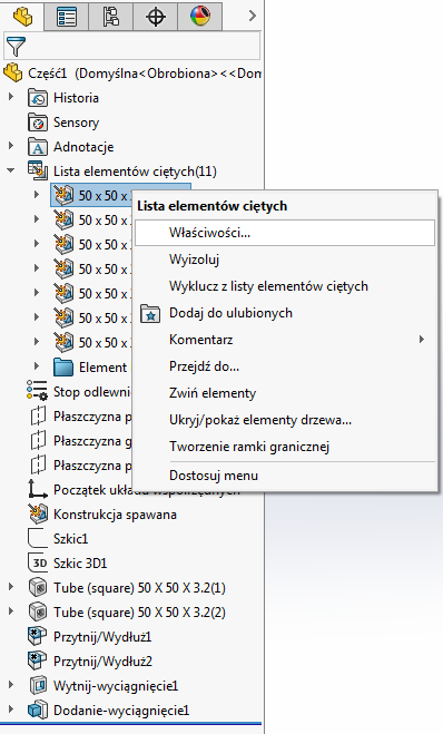 właściwości tabeli lista elementów ciętych