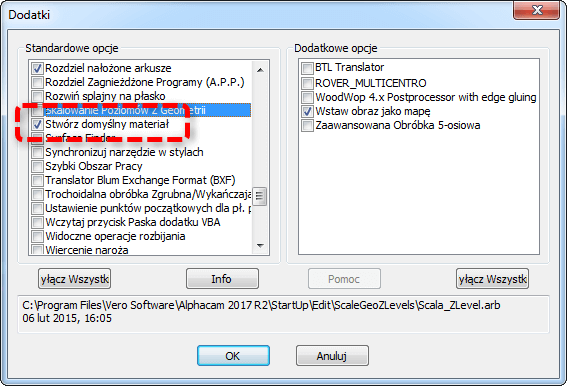 Alphacam Dodatki - stwórz domyślny