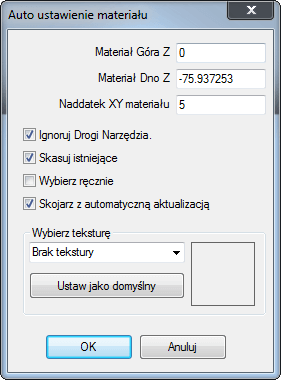 alphacam auto ustawienie materiału okno