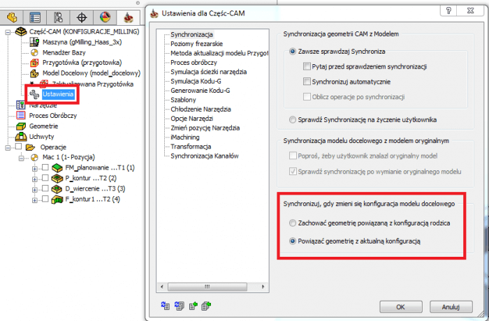solidcam powiąż geometrie z aktualna konfiguracja