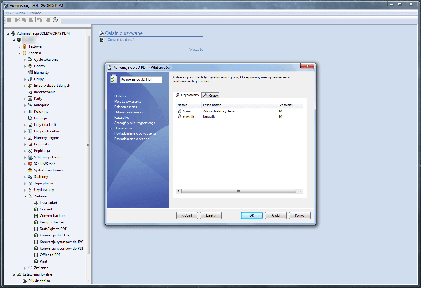 solidworks pdm uprawnienia kreator