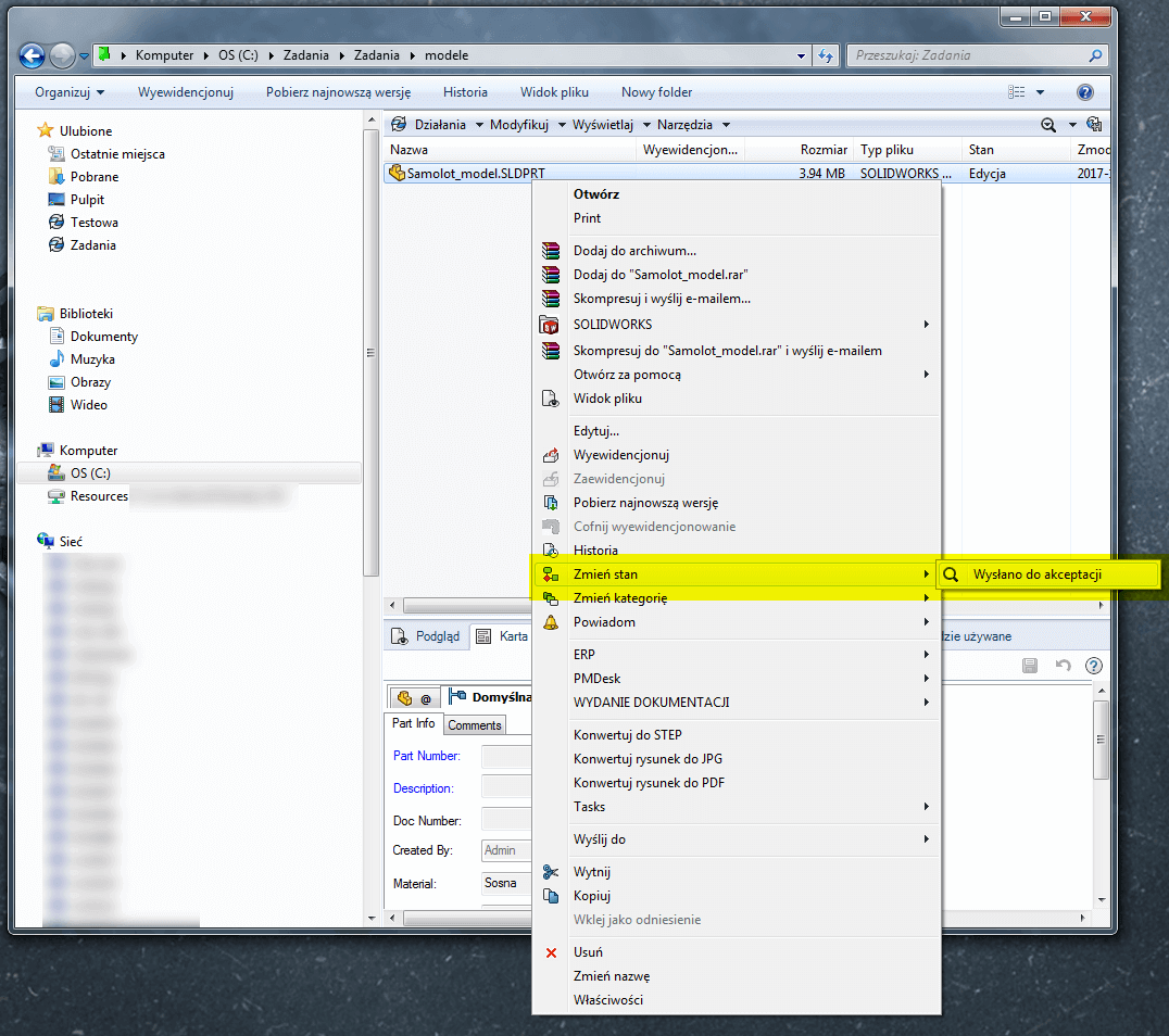 solidworks pdm zmień stan
