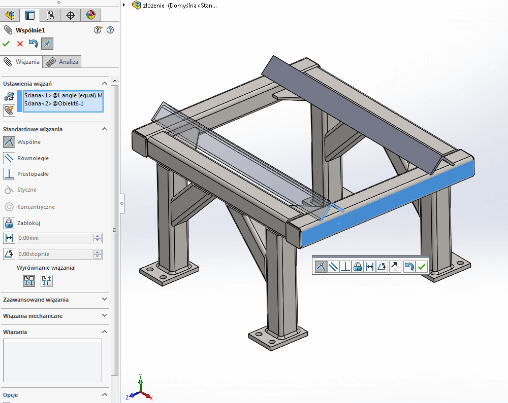 Modelowanie ramy jako złożenia wymaga dodawania wiązań