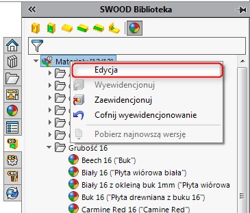 biblioteka materiałów swood solidworks