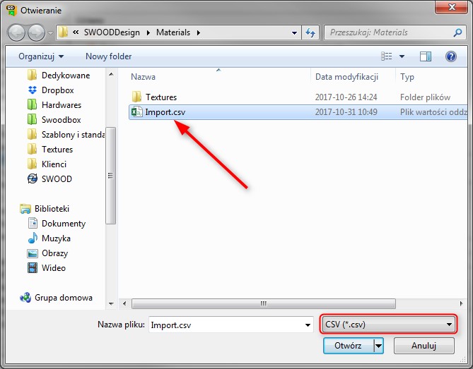 jak wykonać import biblioteki materiałów swood
