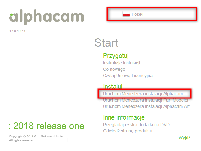 menedżer instalacji alphacam