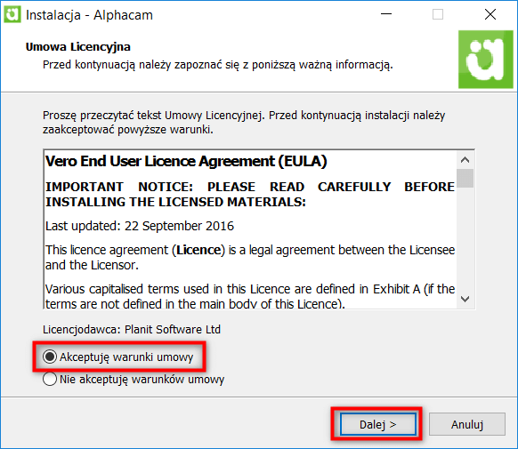 instalacja alphacam warunki umowy