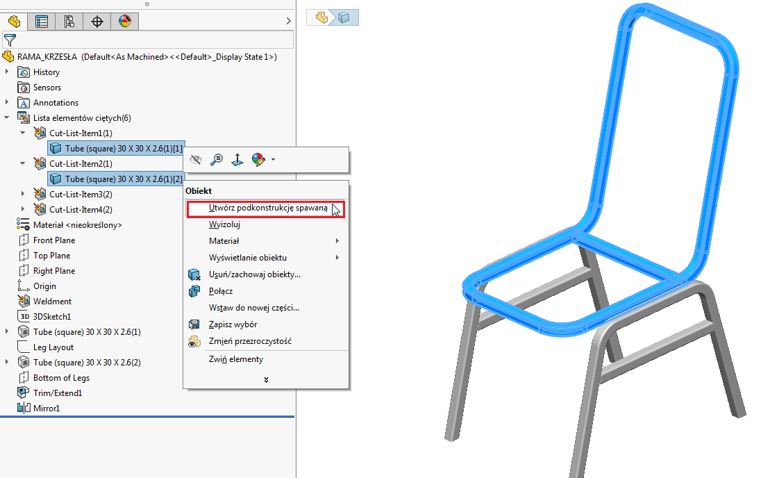 podkonstrukcje spawane spawana-weldments solidworks utwórz