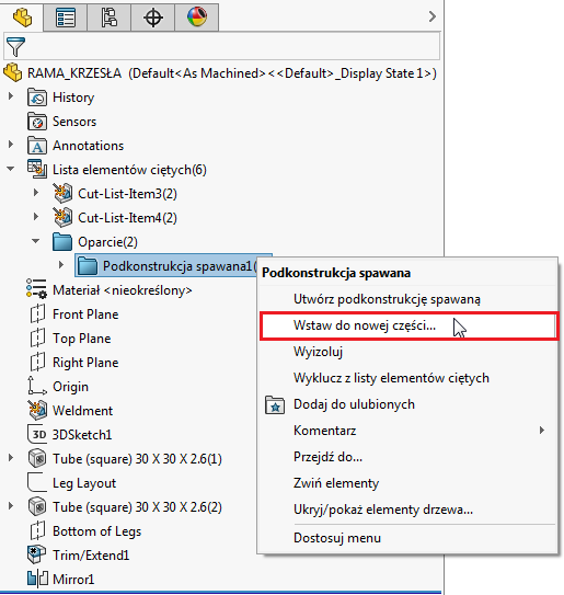 solidworks wstaw do nowej części konstrukcja spawana