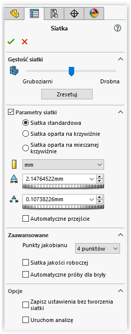 ustawienia siatki solidworks simulation