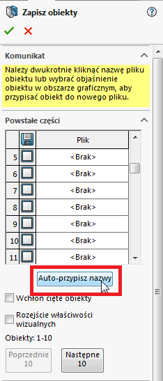 zapisz obiekty auto przypisz nazwy solidworks