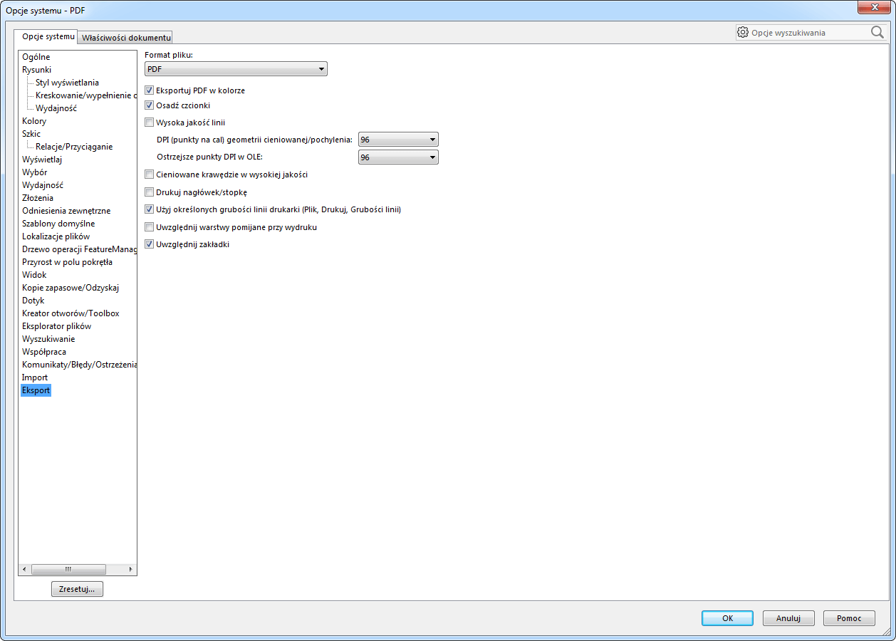 solidworks eksport opcje systemu