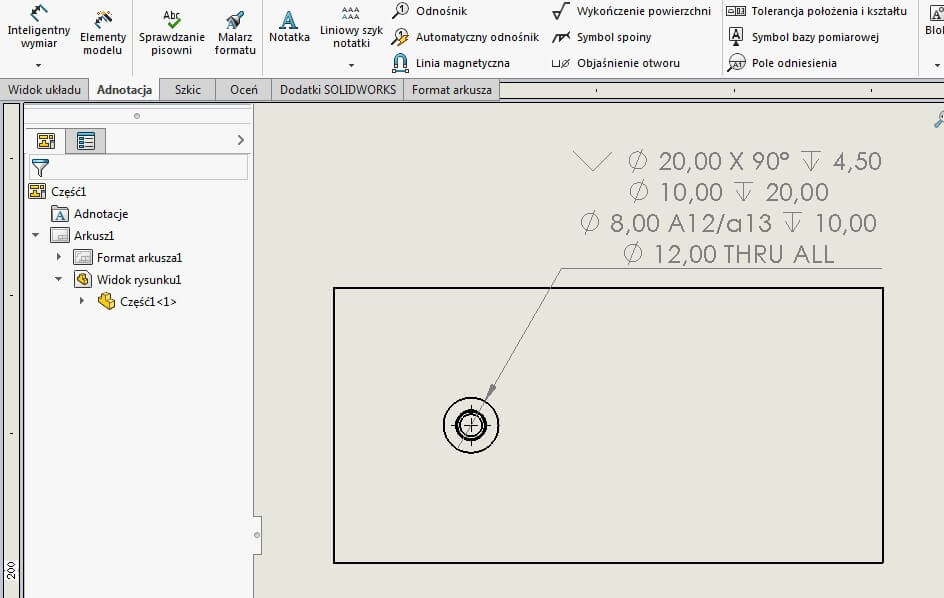 otwór zaawansowany solidworks dokumentacja objaśnienie rysunek