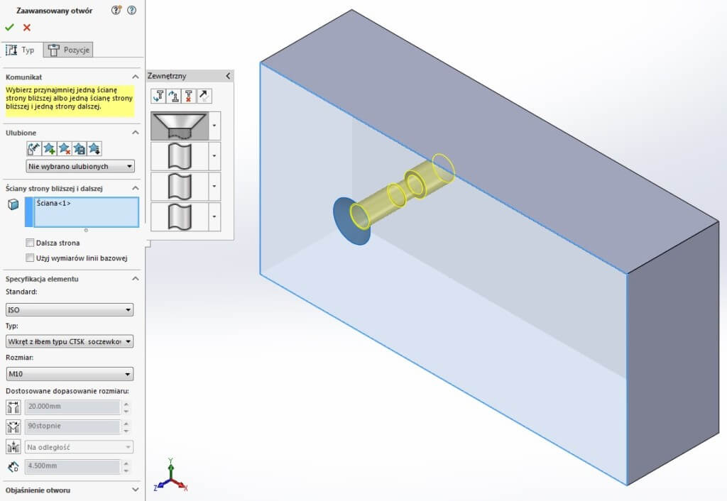 zaawansowany otwór typ solidworks