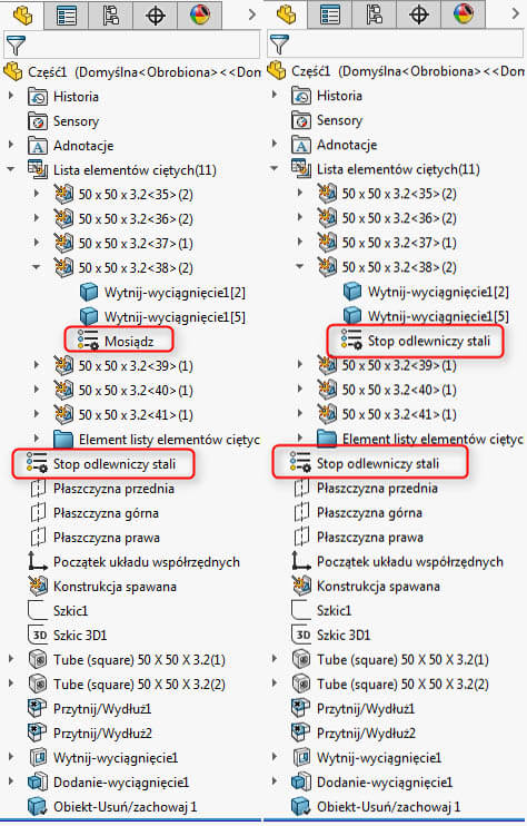 inna długość profili w konstrukcji spawanej solidworks