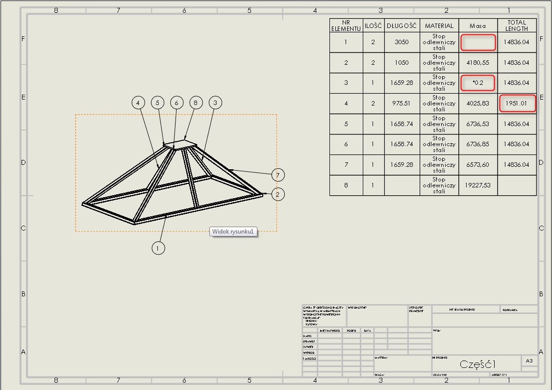 lista elementów ciętych konstrukcji spawanej solidworks