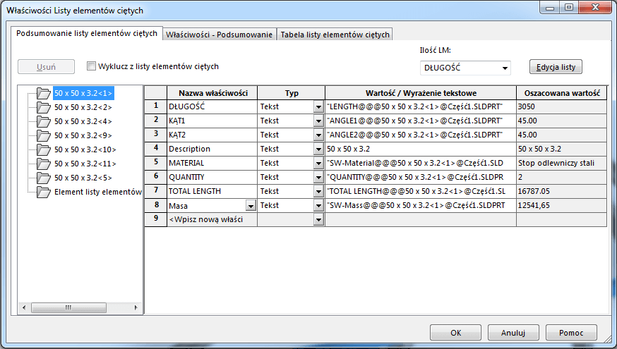 problem z wyświetlaniem masy solidworks